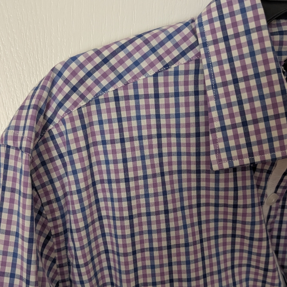 English Laundry Flip Cuff Men's Dress Shirt. Purple/Blue Check. Size Large
